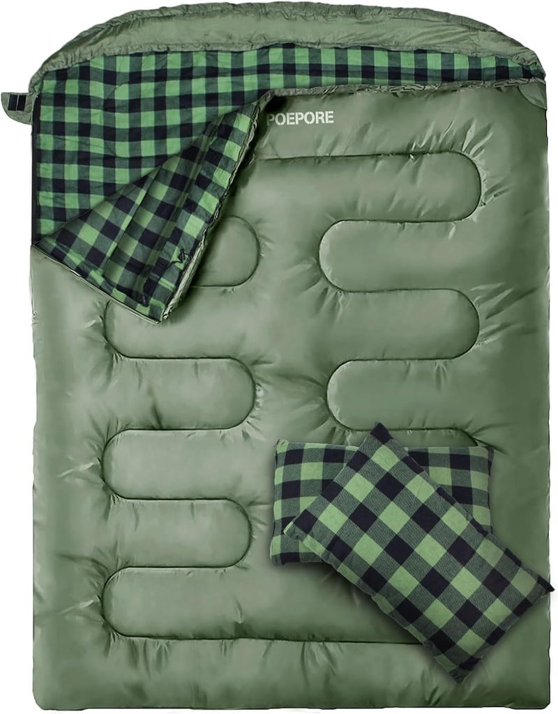 POEPORE Double Sleeping Bag Flannel for Adults with 2 Pillows 2 Person Sleeping Bags Camping XXL Queen Size Two Person Sleeping Bag for Cold Weather - Image 1